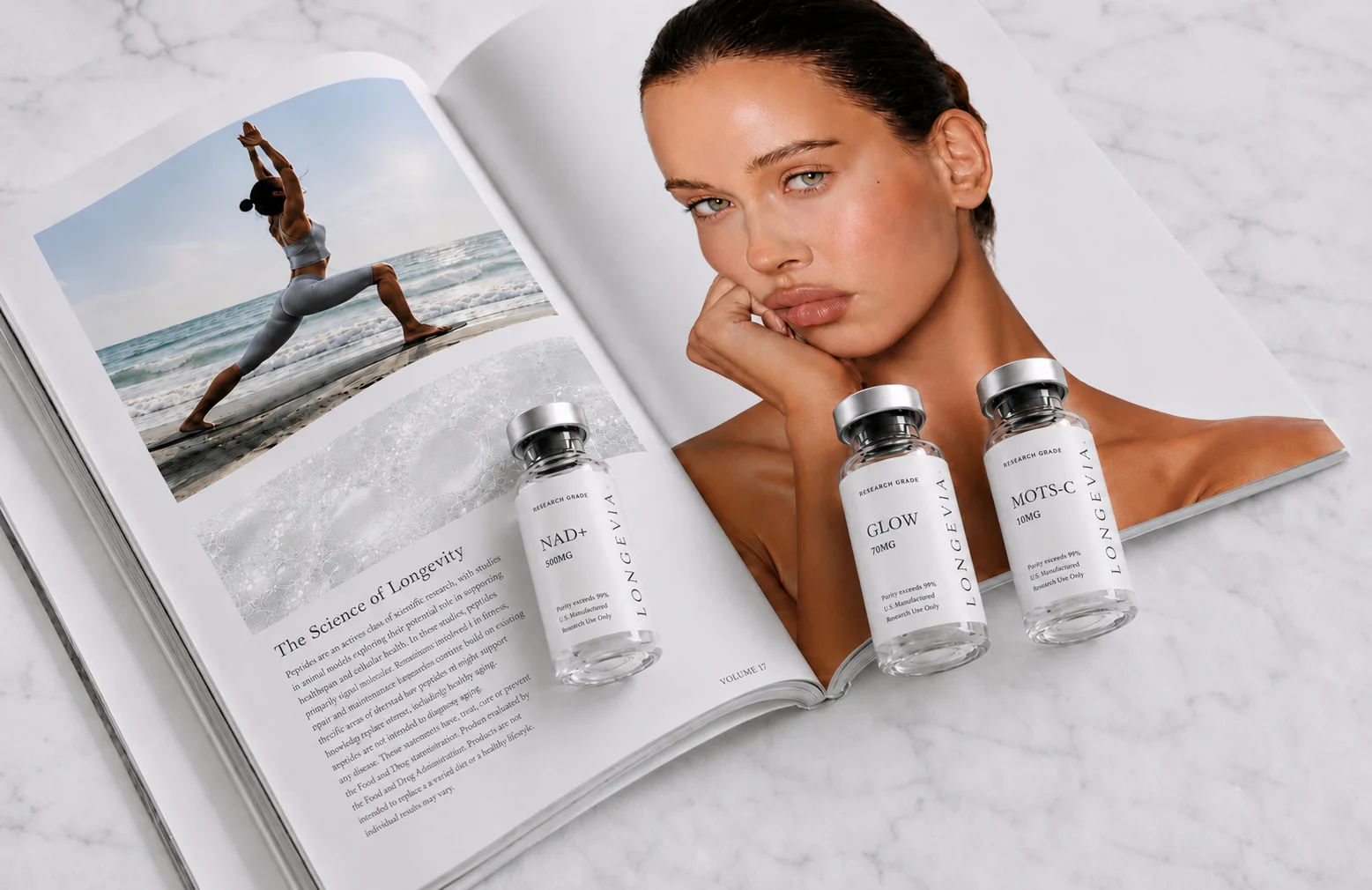Longevia Research NAD+, Glow, and MOTS-C research peptide vials displayed on an open longevity-science magazine spread